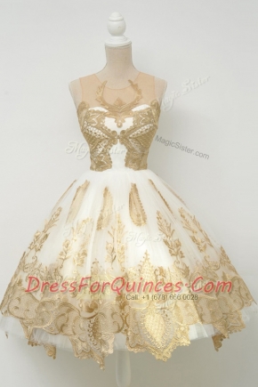 Scoop Champagne Tulle Zipper Prom Gown Sleeveless Knee Length Lace and Appliques
