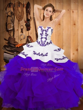 White And Purple Sleeveless Embroidery and Ruffles Floor Length Sweet 16 Dresses