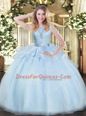 Floor Length Backless 15th Birthday Dress Lavender for Military Ball and Sweet 16 and Quinceanera with Lace