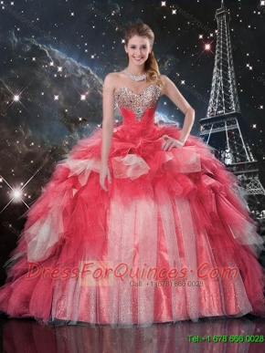 2016 Modest Brush Train Beaded Quinceanera Dresses in White and Red