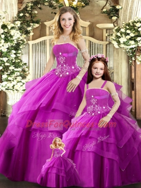Fuchsia Strapless Lace Up Beading Quince Ball Gowns Sleeveless