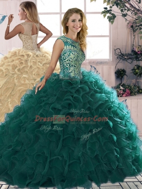 Hot Selling Scoop Sleeveless 15 Quinceanera Dress Floor Length Beading and Ruffles Peacock Green Organza
