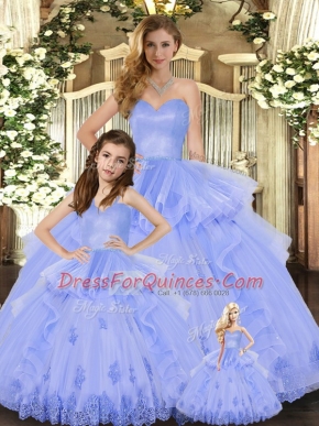 Custom Fit Lavender Quince Ball Gowns Military Ball and Sweet 16 and Quinceanera with Appliques and Ruffles Sweetheart Sleeveless Lace Up
