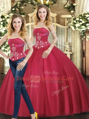 Pretty Strapless Sleeveless Vestidos de Quinceanera Floor Length Beading Red Tulle