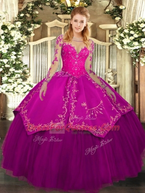 Custom Fit Lace and Embroidery Quinceanera Gowns Fuchsia Lace Up Long Sleeves Floor Length