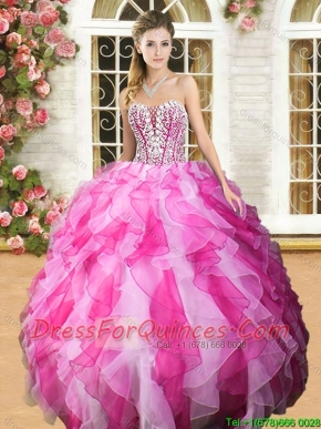 Lovely Beaded and Ruffled Sweet 16 Dress in Hot Pink and White