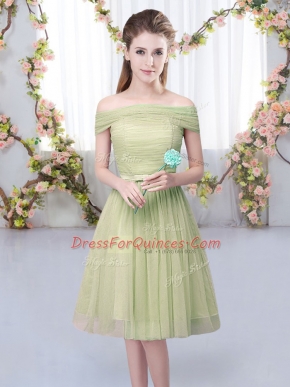 Fitting Knee Length Olive Green Dama Dress Tulle Short Sleeves Belt