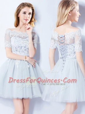 Off the Shoulder Light Blue A-line Lace Court Dresses for Sweet 16 Lace Up Tulle Short Sleeves Mini Length