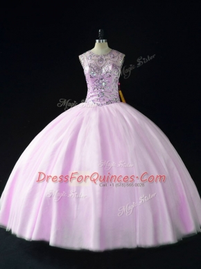 Lilac Sleeveless Tulle Lace Up Quince Ball Gowns for Sweet 16 and Quinceanera