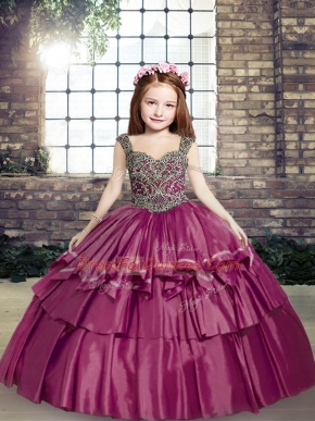 Amazing Taffeta Straps Sleeveless Lace Up Beading Kids Formal Wear in Fuchsia
