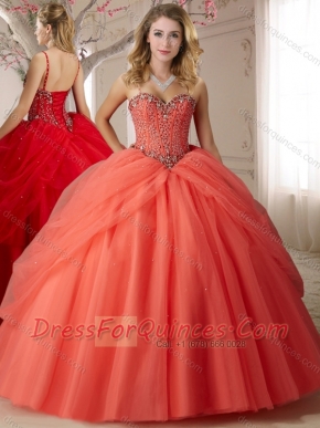 Visible Boning Spaghetti Straps Beaded Bodice Discount Quinceanera Dresses in Orange Red