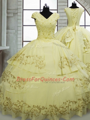 Light Yellow Satin and Chiffon Lace Up Vestidos de Quinceanera Cap Sleeves Brush Train Beading and Embroidery