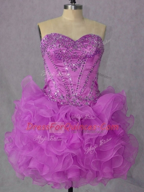 Lilac Ball Gowns Organza Sweetheart Sleeveless Beading and Ruffles Mini Length Lace Up Prom Dress