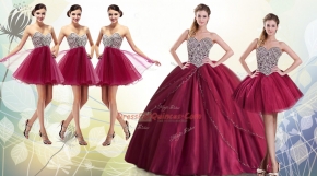 Burgundy Sweetheart Lace Up Beading Sweet 16 Dresses Brush Train Sleeveless