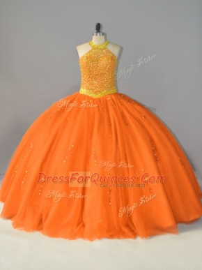Colorful Floor Length Orange Quinceanera Dresses Tulle Sleeveless Beading