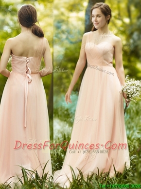 See Through One Shoulder Peach Prom Dresses in Floor Length