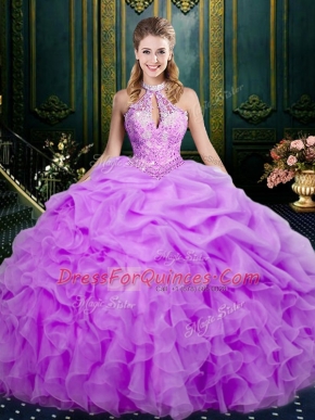 Sleeveless Floor Length Beading and Ruffles and Pick Ups Lace Up Sweet 16 Dresses with Lilac