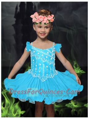 Pretty Aque Blue Straps Mini-length Little Girl Dress with Beading