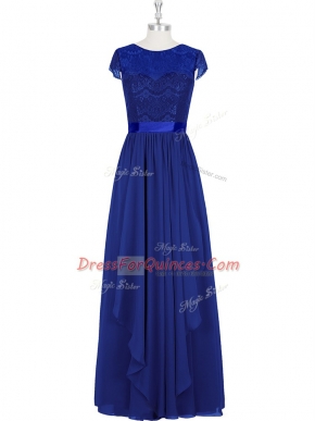 Chic A-line Prom Evening Gown Royal Blue Scoop Chiffon Cap Sleeves Floor Length Zipper