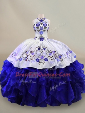 Superior Blue And White Sleeveless Floor Length Embroidery and Ruffles Lace Up Sweet 16 Dresses