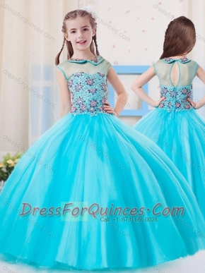 Pretty Ball Gown High Neck Tulle Mini Quinceanera Dress in Aqua Blue