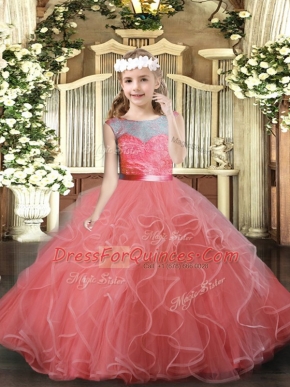 Ball Gowns Pageant Dress Watermelon Red Scoop Tulle Sleeveless Floor Length Backless