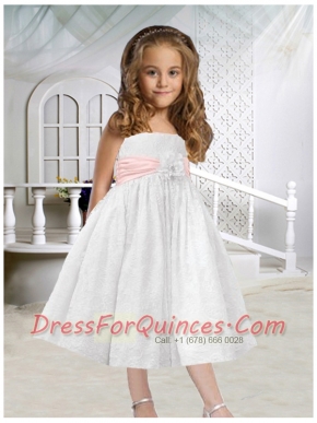 A-Line Tea-length Hand Made Flowers Flower Girl Dress with Lace