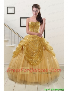 2015 Most Popular Sweetheart Sequined Quinceanera Dresses in Gold