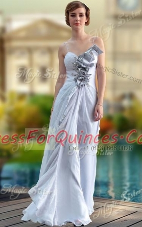 Silver Column/Sheath V-neck Sleeveless Chiffon Floor Length Zipper Beading and Ruching Prom Evening Gown