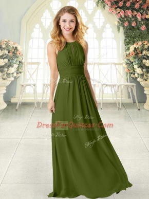 Affordable Olive Green Chiffon Zipper Scoop Sleeveless Floor Length Prom Dresses Ruching