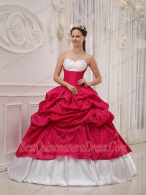 Hot Pink and White Ball Gown Sweetheart Floor-length Taffeta Beading and Pick-ups Quinceanera Dress