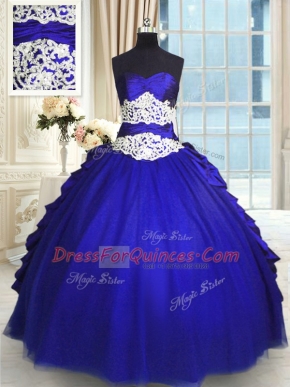 Royal Blue Ball Gowns Taffeta and Tulle Sweetheart Sleeveless Beading and Lace and Appliques and Ruching and Pick Ups Floor Length Lace Up Quinceanera Gown