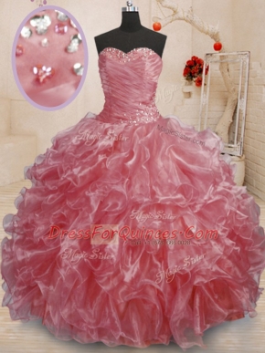 Delicate Watermelon Red Lace Up Vestidos de Quinceanera Beading and Ruffles Sleeveless Floor Length