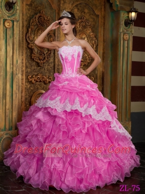 Quinceanera Dress In Hot Pink Ball Gown Strapless With Ruffles Organza  In New Styles