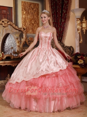Watermelon Ball Gown Sweetheart Pretty Quinceanera Dresses with  Taffeta and Oragnza Embroidery