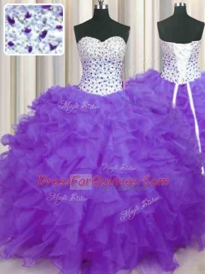 Sexy Sweetheart Sleeveless 15 Quinceanera Dress Floor Length Beading and Ruffles Lavender Organza