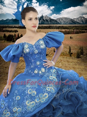 Free and Easy Blue Lace Up Off The Shoulder Appliques and Ruffles Sweet 16 Dress Organza Short Sleeves