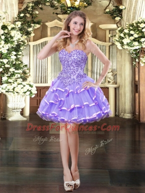 Stunning Lavender Sleeveless Appliques and Ruffled Layers Mini Length Prom Evening Gown