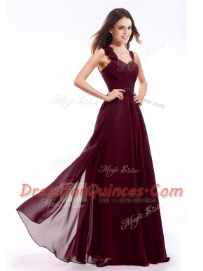 Burgundy Empire Straps Sleeveless Chiffon Floor Length Zipper Hand Made Flower Prom Gown