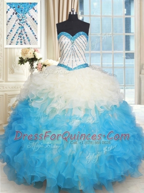 New Arrival Sweetheart Sleeveless Quinceanera Gowns Floor Length Beading and Ruffles Multi-color Organza
