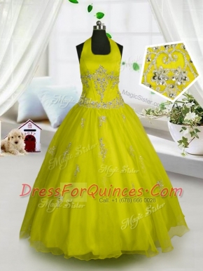 Fantastic Halter Top Floor Length Lace Up Child Pageant Dress Yellow for Party and Wedding Party with Appliques