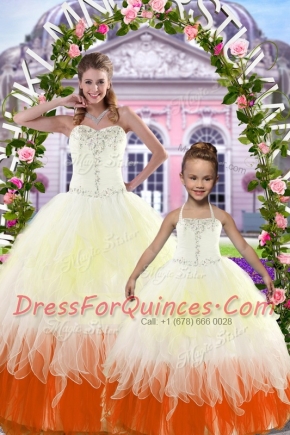 Floor Length Multi-color Sweet 16 Dresses Tulle Sleeveless Beading