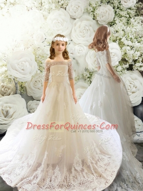 White Half Sleeves Court Train Lace Flower Girl Dresses for Less