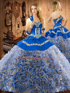 Colorful Sleeveless Satin and Fabric With Rolling Flowers With Train Sweep Train Lace Up Quinceanera Dresses in Multi-color with Embroidery