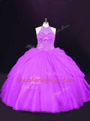 Traditional Purple Ball Gowns Halter Top Sleeveless Tulle Lace Up Beading Quince Ball Gowns