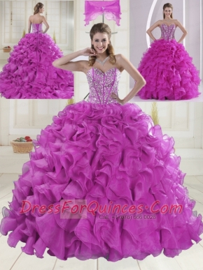 Ball Gown Sweetheart Brush Train Beading Quinceanera Dresses in Fuchsia
