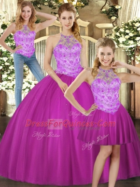 Pretty Halter Top Sleeveless Tulle 15 Quinceanera Dress Beading Lace Up