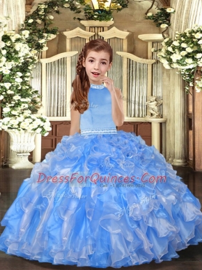 Baby Blue Ball Gowns Beading and Ruffles Evening Gowns Backless Organza Sleeveless Floor Length