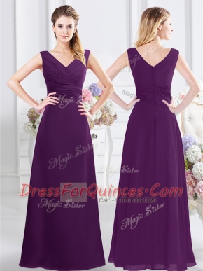 Purple Column/Sheath Ruching Vestidos de Damas Zipper Chiffon Sleeveless Floor Length