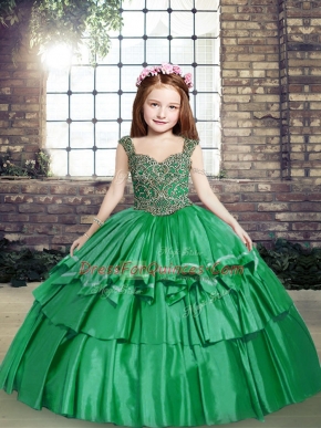 Latest Floor Length Lace Up Little Girls Pageant Gowns Green for Party and Sweet 16 and Wedding Party with Beading
